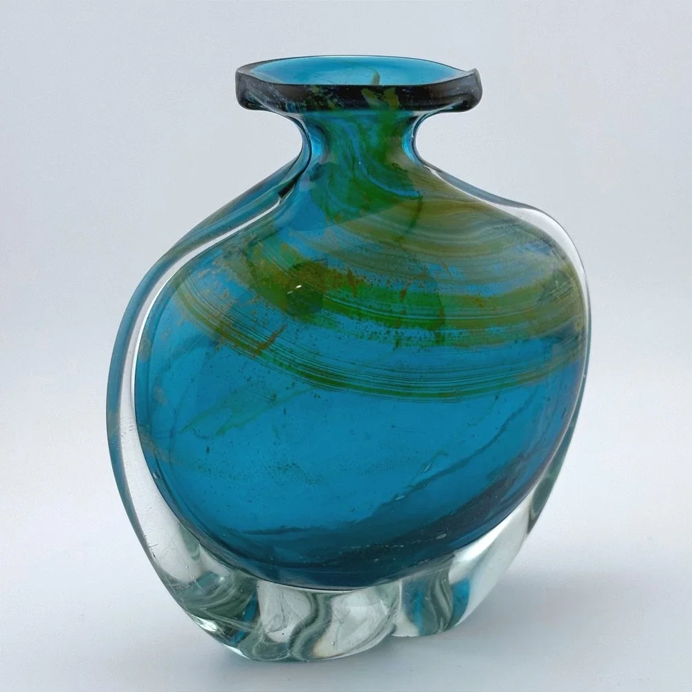 Mdina Glass Malta Turquoise Blue Swirl Art Glass Vase Signed